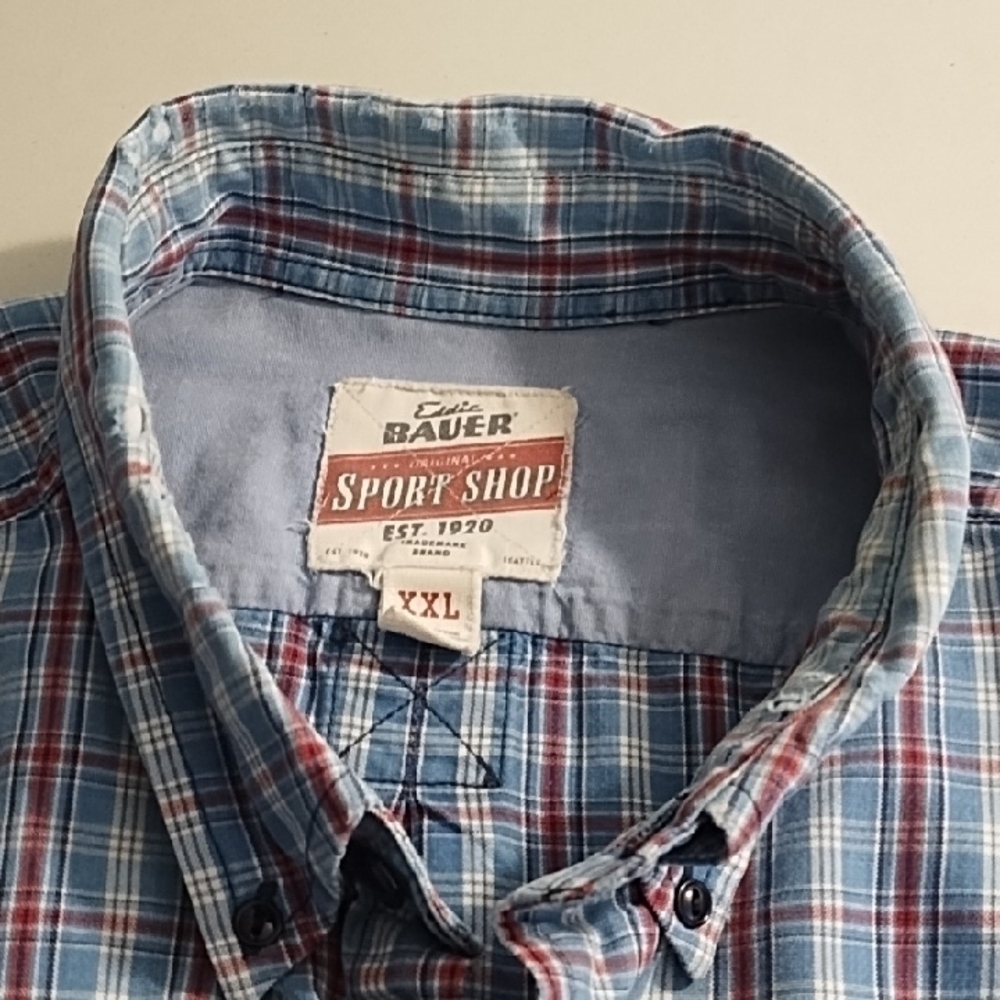 Eddie Bauer Sports Shop Men's Blue Plaid Work Shirt Pocket Cotton - Picture 8 of 13